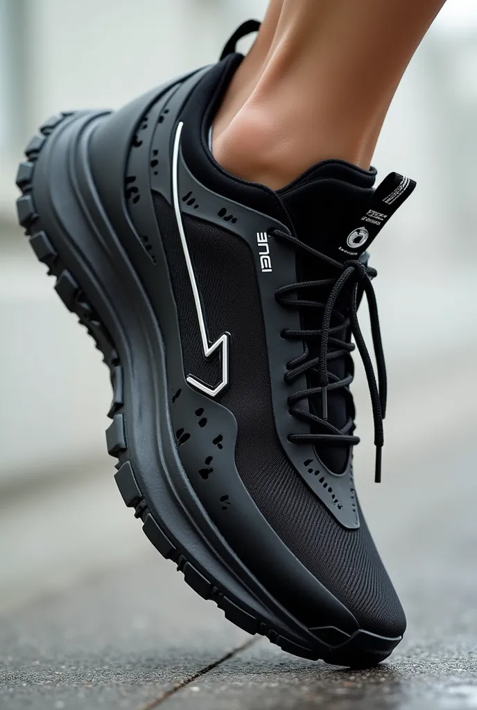 Une chaussure polyvalente adaptable à la ville, la course et la randonnée, noire, élégante, dans un mélange du style sportswear et streetwear,  avec un look futuriste.