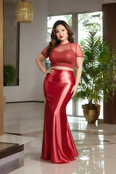 Burmese plus size model mature,(((round ass))) (((in a glossy Shimmer Light Red pass-through transparent silky long tight skirt))),round face,  wavy brown hair,Large bood, fully make-up look, attractive feminine curves, (((See-through body parts under the ...