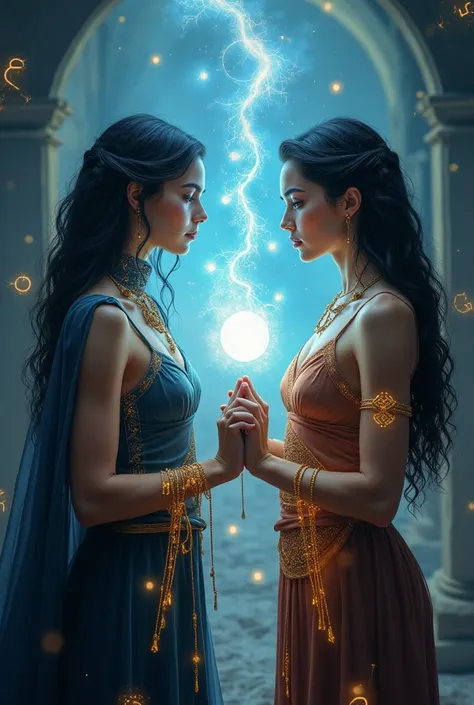 A realistic portrait of two women connected by mystical power: a 40-year-old full-figured woman with long dark hair and blue eyes and a 26-year-old athletic woman with the same features. They stand together, joining hands, and between them hovers a sphere ...