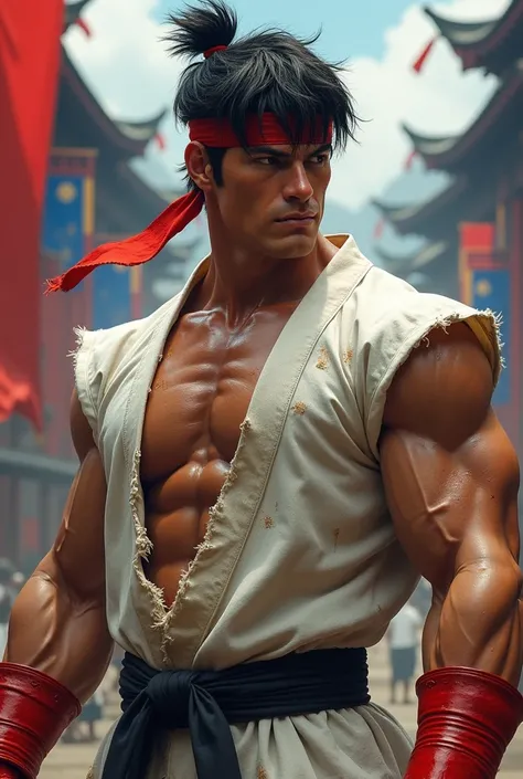 Create a hyper-realistic image of a martial artist inspired by Ryu from Street Fighter. He should have an extremely muscular physique, sweaty skin marked by light scars, and a serious and focused expression. He is wearing a worn and torn white kimono, held...