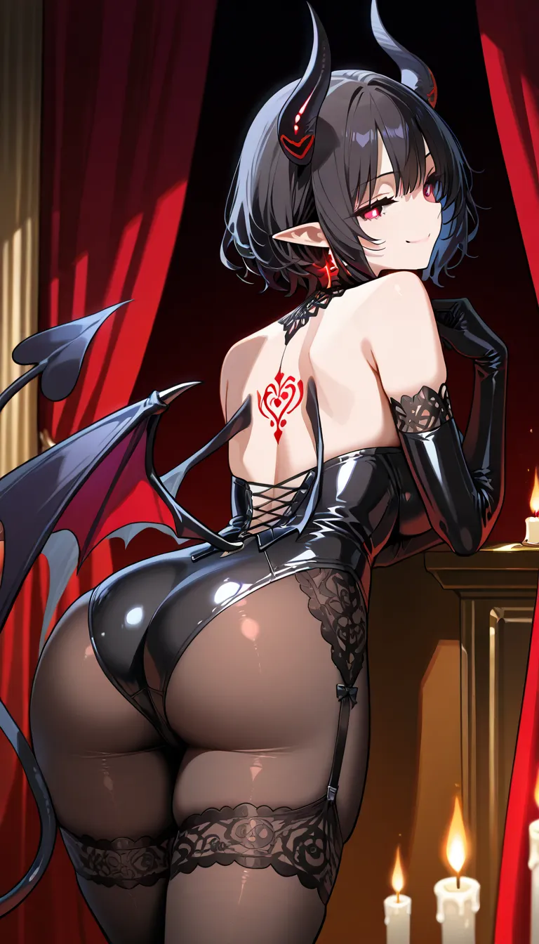 **"A breathtakingly alluring succubus stands in the center of a dimly lit chamber, bathed in the soft glow of flickering candlelight. Her curvy, hourglass figure is accentuated by a tight, barely-there black leather bodysuit with intricate crimson embroide...