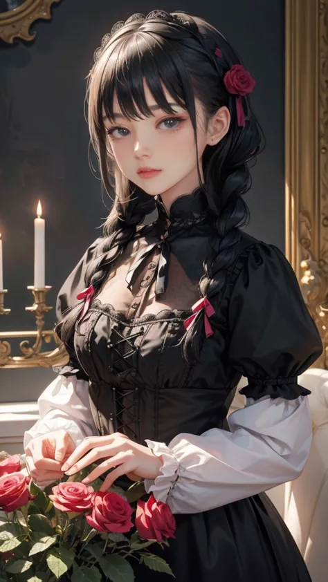 perfect quality, 、8K quality、best quality、masterpiece、  detailed image quality ，masterpiece, 4K,8k,best quality, perfect quality, RAW photo、Practical、best quality、masterpiece、 Beautiful Goth Victorian Girl , cute cute face ,  Floral, complicated details,  ...