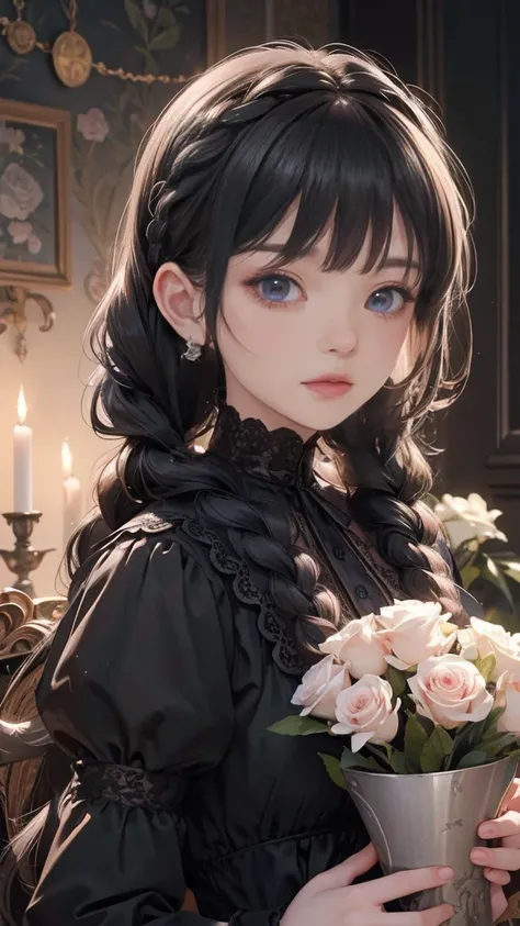 perfect quality, 、8K quality、best quality、masterpiece、  detailed image quality ，masterpiece, 4K,8k,best quality, perfect quality, RAW photo、Practical、best quality、masterpiece、 Beautiful Goth Victorian Girl , cute cute face ,  Floral, complicated details,  ...