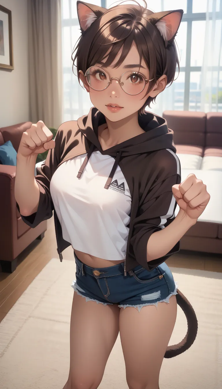 score_9, score_8_up, score_7_up, Realistic:1.1, realistic face and eyes:1.2, Realistic skin:1.3, 1girl, Japanese idol photos, Beautiful young idol, cosplayer, Perfect model body shape., tomboy, (very short hair, pixie cut, Brown Hair), circle-glasses, (((C...