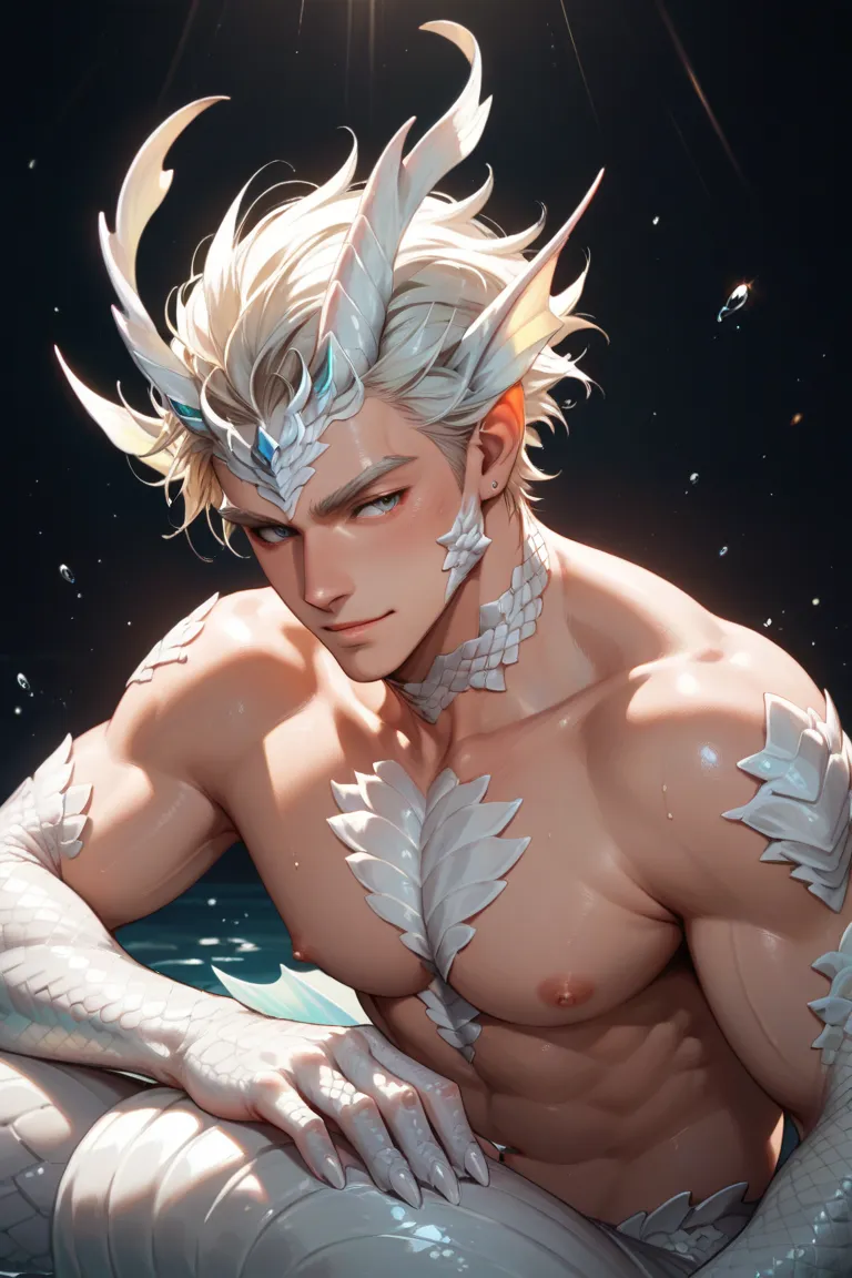 Anime man merman white scales 