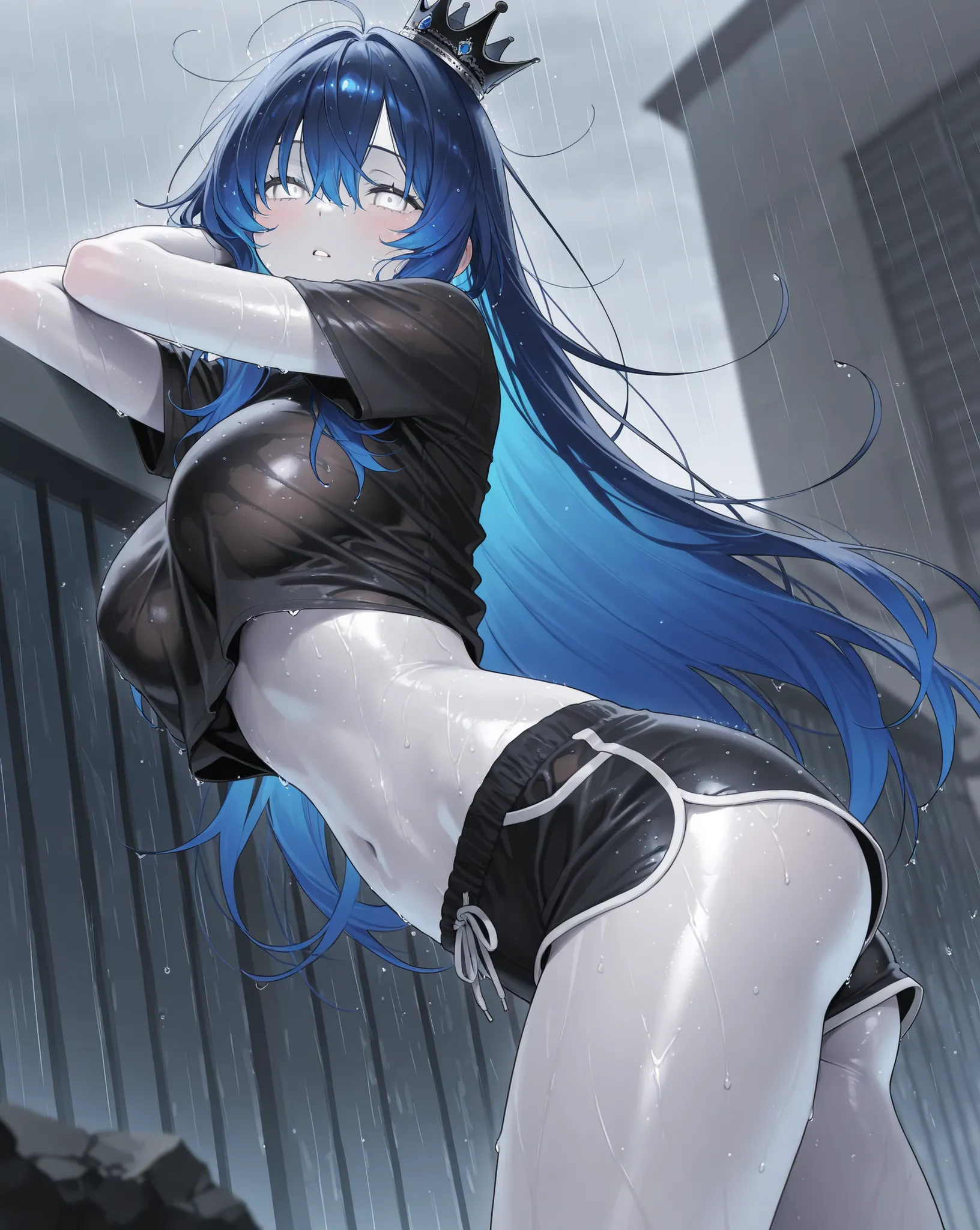 best image quality、High Resolution、 Resplendent Diamond Blue Hair 、white eyes、、rooftop、  black big t-shirt、beautiful breasts、  best thighs、GalaxyAura、 long hair、best image quality、floating rubble、Black Shorts、 white skin、 the royal family、、Straight face、Wa...