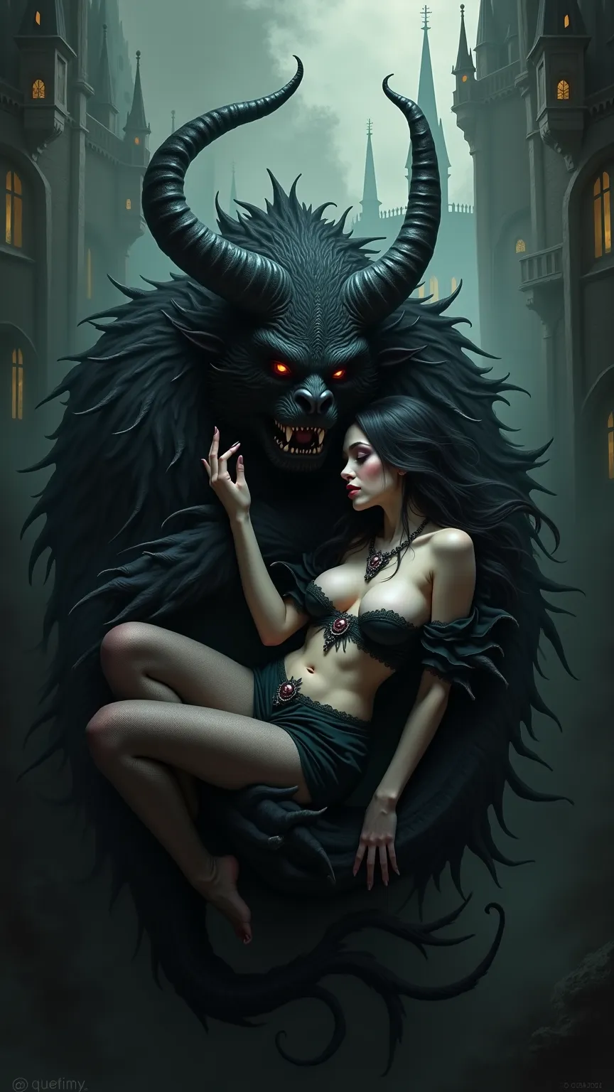 photo, gothic girl with big breasts lies with monster, near dark gothic castle.