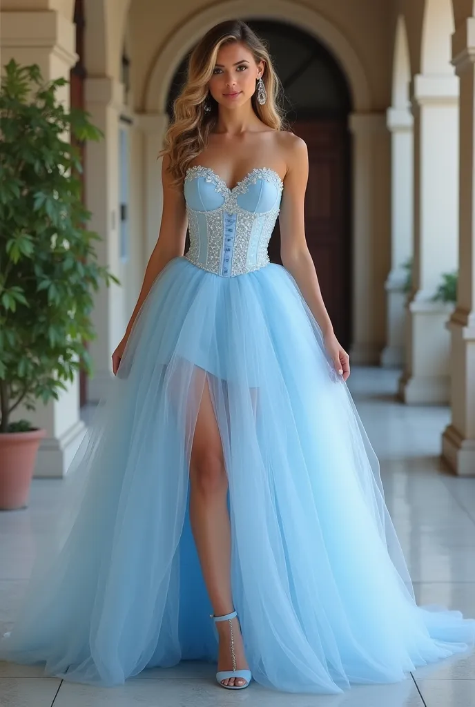 Your graduation dress has a charming and unique design! It is made with a delicate tulle, that provides an ethereal and light look, perfect for the occasion . The predominant color of the dress is a soft blue, that gives elegance and sophistication. The hi...