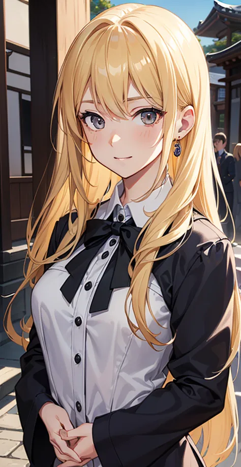 woman(ethnicity:1.2, age:1.1), bright blonde (detailed hair:1.2), light brown eyes (facial features:1.3),smile(expression:1.2),Medium build(body type:1.1), upright position(pose:1.2),bluish dark blue formal jacket(detailed clothing:1.2),white blouse,I'm we...