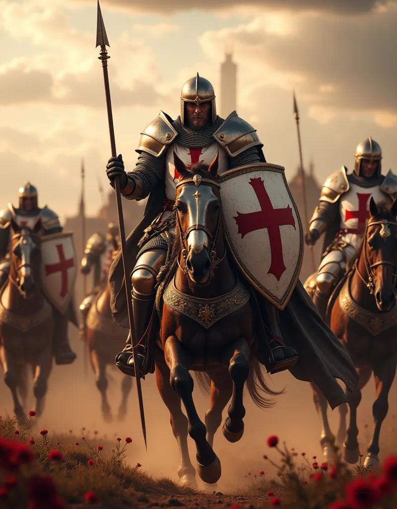 **Prompt:** Create an immersive hyper-realistic panoramic wide-angle image that draws viewers into the heart of medieval Christian Europe, emphasizing a carefully balanced composition. In the foreground, depict a courageous unit of Templar cavalry knights,...