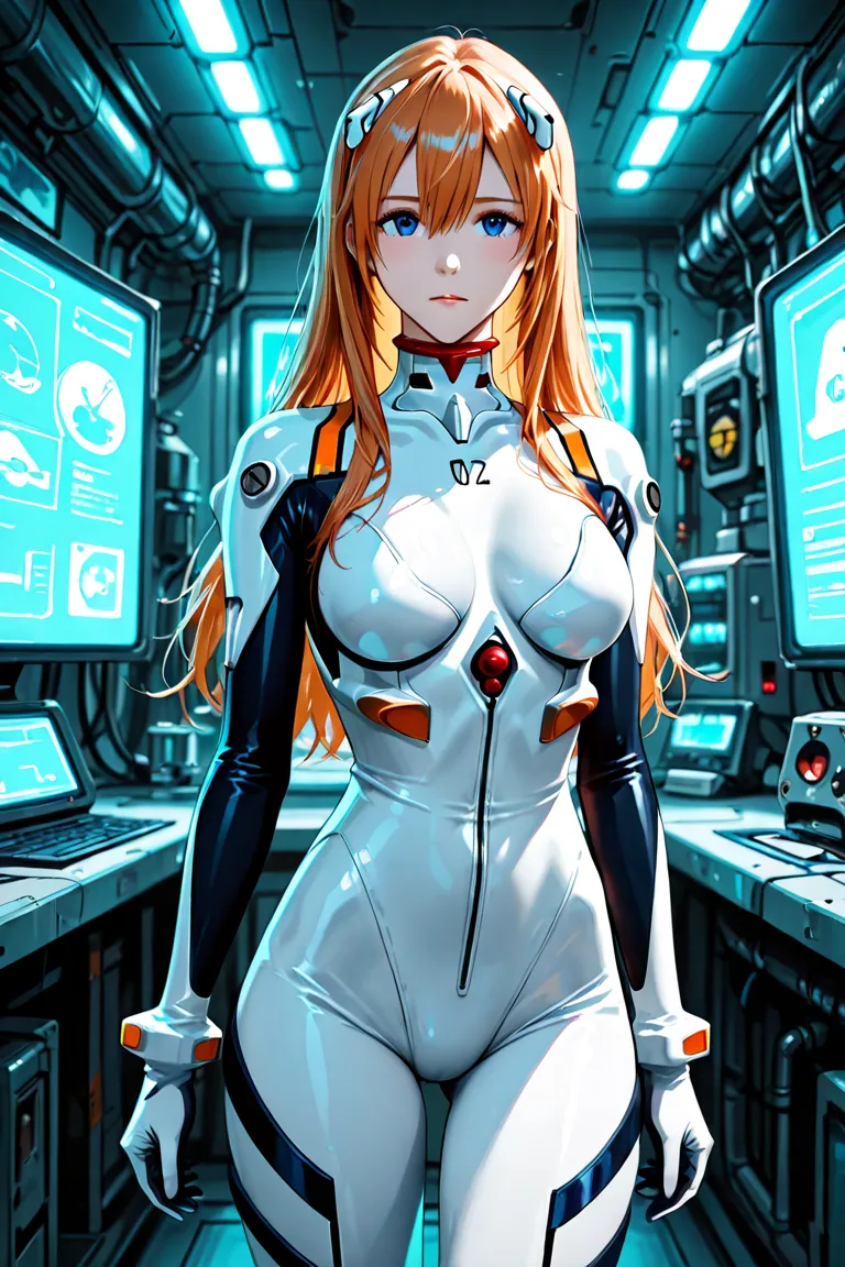 Rei Ayanami (Neon Genesis Evangelion) – Dressed in a futuristic white bodysuit with a deep neckline, standing in a sci-fi lab with soft lighting.