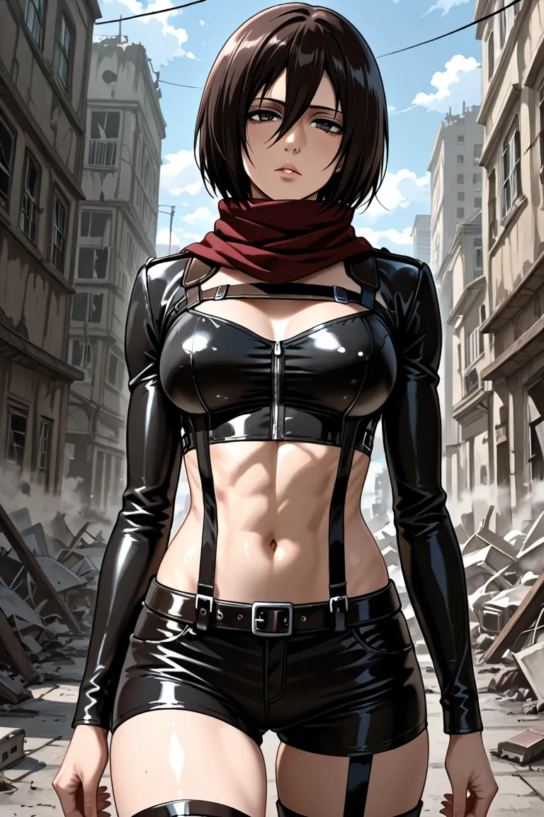 Mikasa Ackerman (Attack on Titan) – Wearing a black leather crop top and tight shorts, standing in a ruined city with a seductive look.