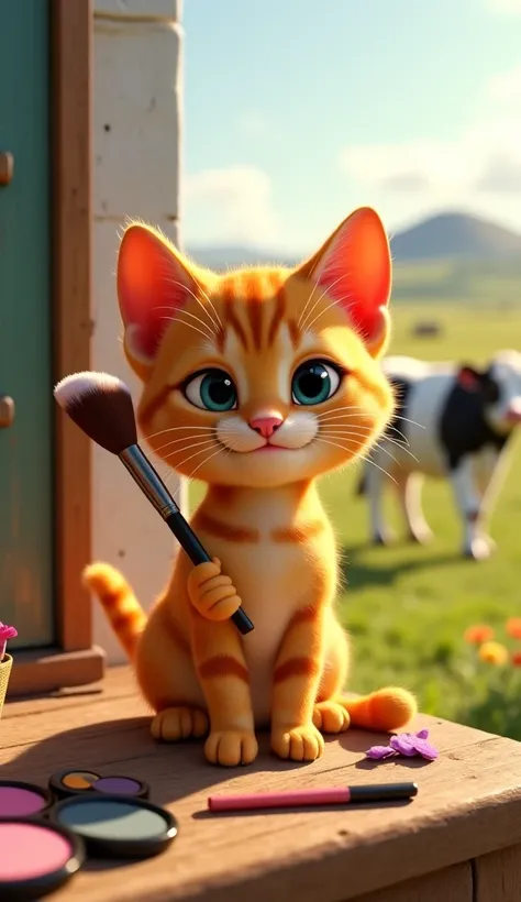 " a tiny golden cat, curious and happy expression, sitting on a wooden bench outside a farmhouse, holding a soft makeup brush, colorful makeup items spread around, a beautiful farm setting with cows grazing in the background, 3D Pixar Animation Style."