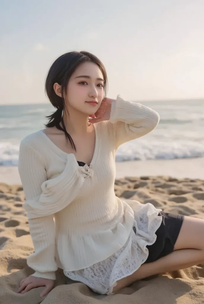  (sea、Sandy Beach)、Earrings、Thin face、smile、Embarrassing、(Completely naked)、(nude、naked)、pubic hair、short hair、They hesitate,、Wet Hair,  Underarm,, (High color saturation:1.0),  (Very detailed肌), (Please redeem:1.0), (Ultra-high resolution:1.0) ,(Realistic...