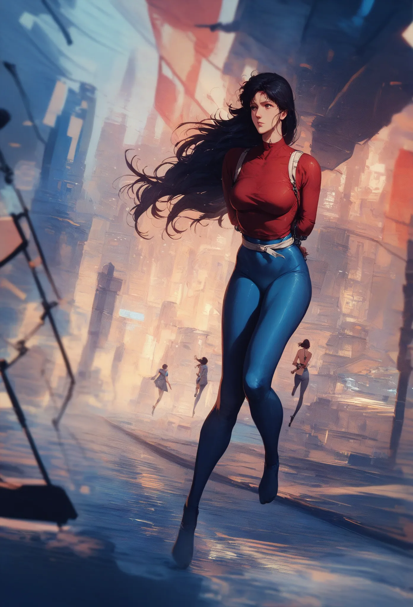 1girl,  , tight clothing , blue long tights, yellow knotted long belt, the belt flutters in the wind, Sits on his knees, wicked, proud,  reserved , hands behind your back, handcuffs, hands tied, Night, cityscape, blurred background, depth of field, lightin...