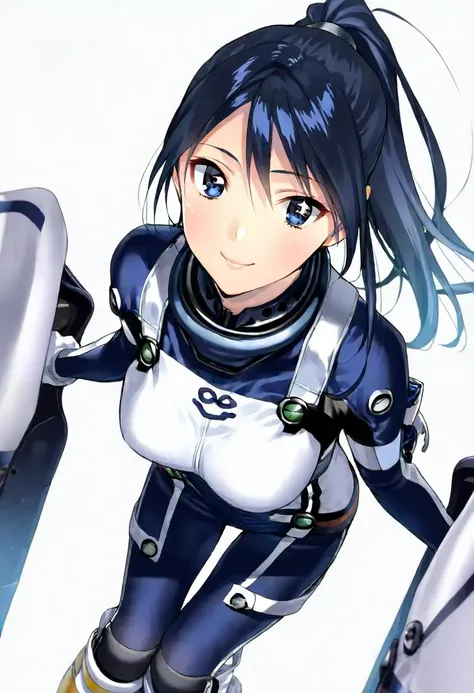 (​masterpiece、 top quality、 highest resolution 、 Clear Images 、  detailed image 、 The angle is from above ): ( a Japanese woman 、 High Ponytail、  Friendly Smiles。 dark blue hair  、 Sparkling blue eyes 、(  white and navy blue pilot suit （Enamel Finish ）、whi...