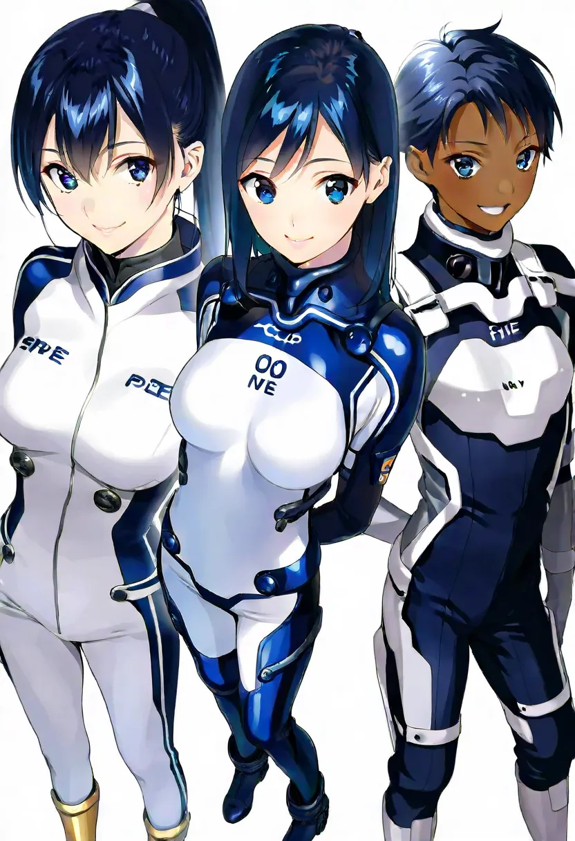 (​masterpiece、 top quality、 highest resolution 、 Clear Images 、  detailed image 、 The angle is from above ): ( a Japanese woman 、 High Ponytail、  Friendly Smiles。 dark blue hair  、 Sparkling blue eyes 、(  white and navy blue pilot suit （Enamel Finish ）、whi...