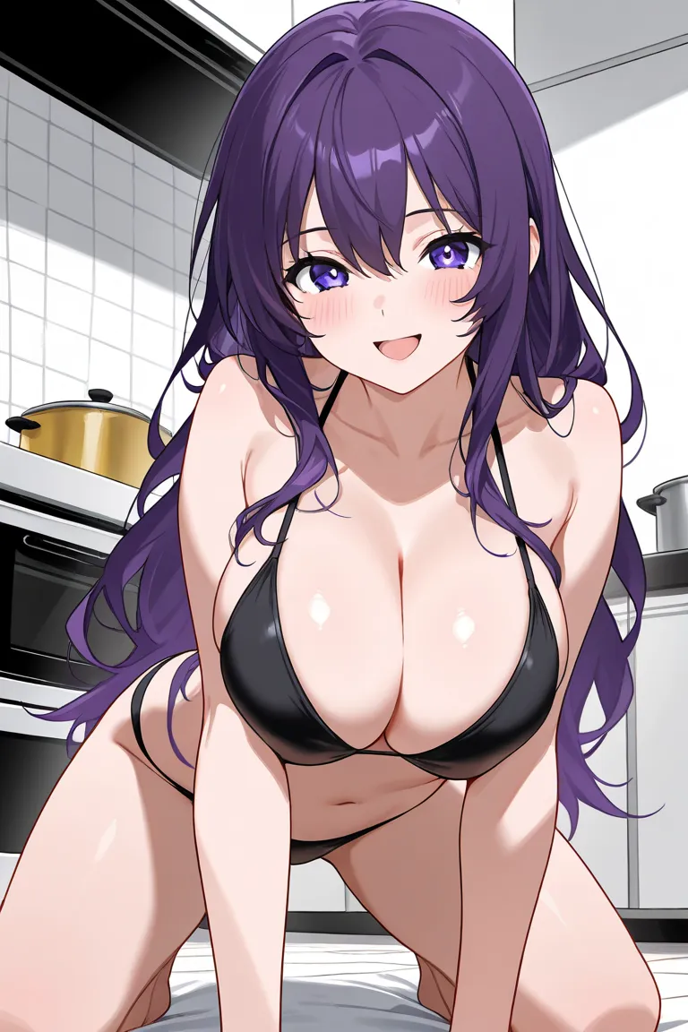 Score_9_high, Score_8_high, Score_7_high,Those_Anime-Series, female, violet long hair,white ,violet eyes, big breasts ,  looks at the viewer, violett bikini, kitchen, looks at the viewer,Blush,bend 
,cleavage, Open mouth,(good),panties, sexy pose,sexy smil...