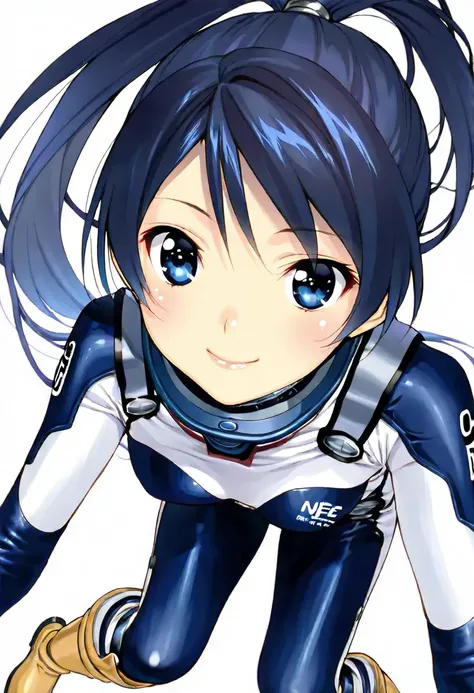 (​masterpiece、 top quality、 highest resolution 、 Clear Images 、  detailed image 、 The angle is from above ): ( a Japanese woman 、 High Ponytail、  Friendly Smiles。 dark blue hair  、 Sparkling blue eyes 、(  white and navy blue pilot suit （Enamel Finish ）、whi...