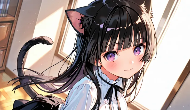 masterpiece, best quality, score_9, score_8_up, High Resolution, More Details, 8K, Aesthetic style, soft anime, highly detailed faces, one girl, solo, cat girl, black hair, blunt bangs, straight hair, purple eyes, black tail, medium breasts, looking at the...