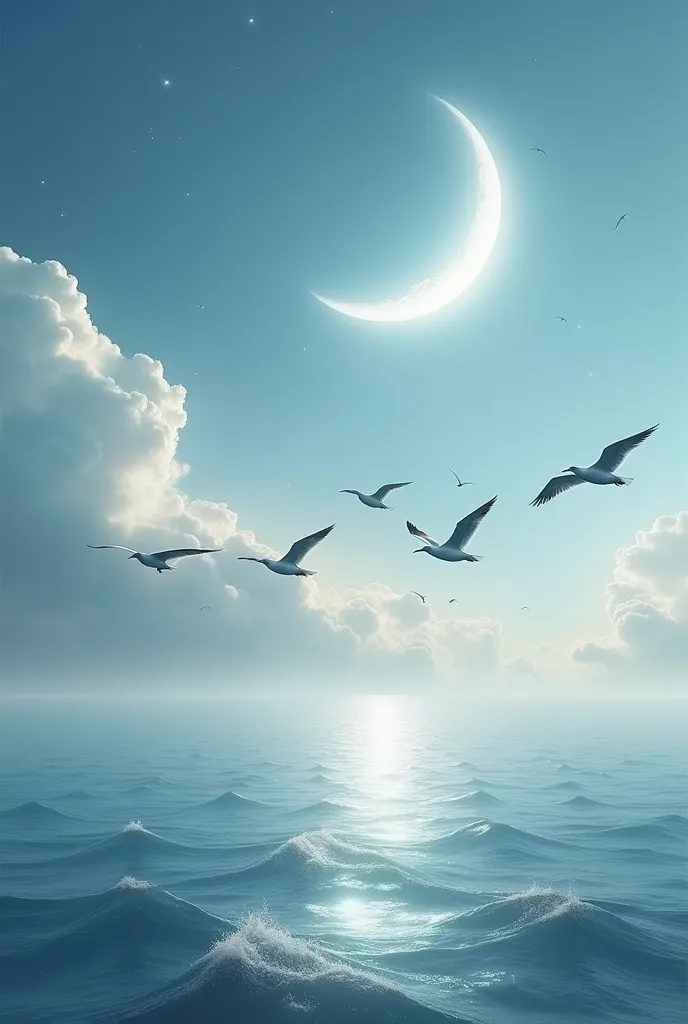 Photo of the sky moon birds and ocean