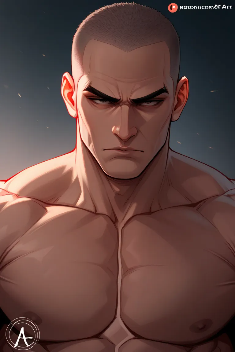 Man, muscular body, serious face, short hair, no shirt, dark look, torso art, 3/4 perspective, shaved hair