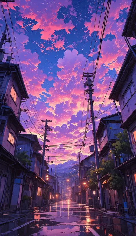 A nostalgic urban street scene at dusk, featuring old wooden utility poles with complex power lines stretching across the sky. The sky is a dreamy blend of deep purple and warm pink hues, filled with soft altocumulus clouds illuminated by the fading sunlig...