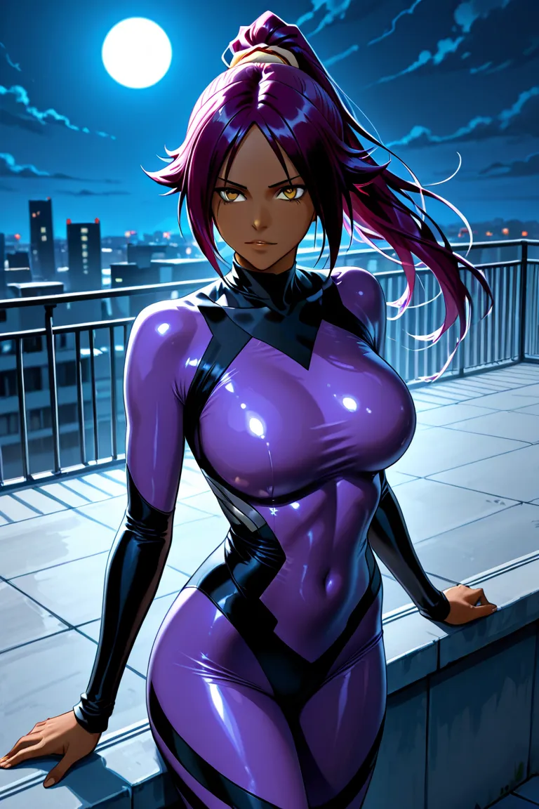 Yoruichi Shihouin – Dressed in a tight purple bodysuit with open sides, standing on a rooftop under the moonlight.
