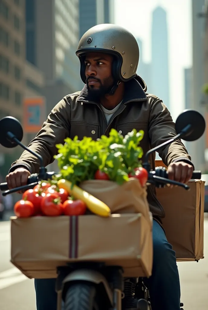 a profile picture of black American delivery motorbike man, wearing helmet while on the delivery bike carrying brown bags of fresh farm produce carried at the back of the motorbike