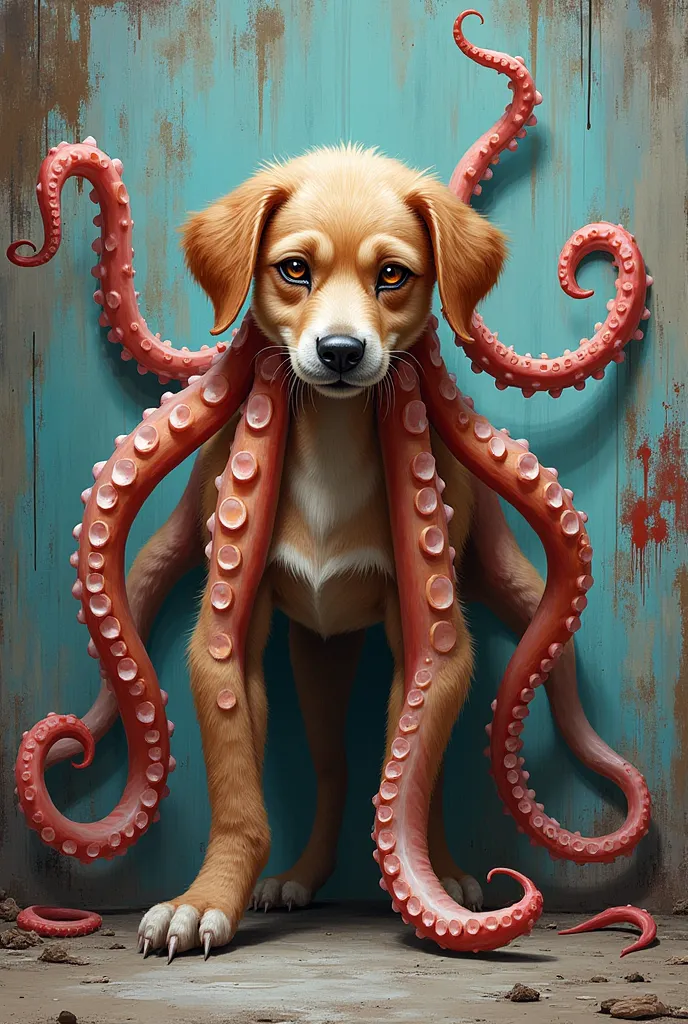 Simple drawing of a creature that has dog parts and octopus parts in realistic graffiti style and with fluid movement while standing