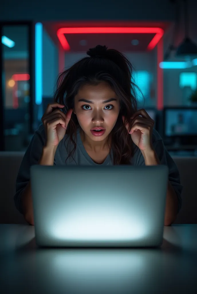 Anxious person looking for a store on Google and not finding it while in the background another screen appears with a red glow with the competing store, laptop, white light on the laptop screen, desperate person, front view, emphasis on the person's face, ...