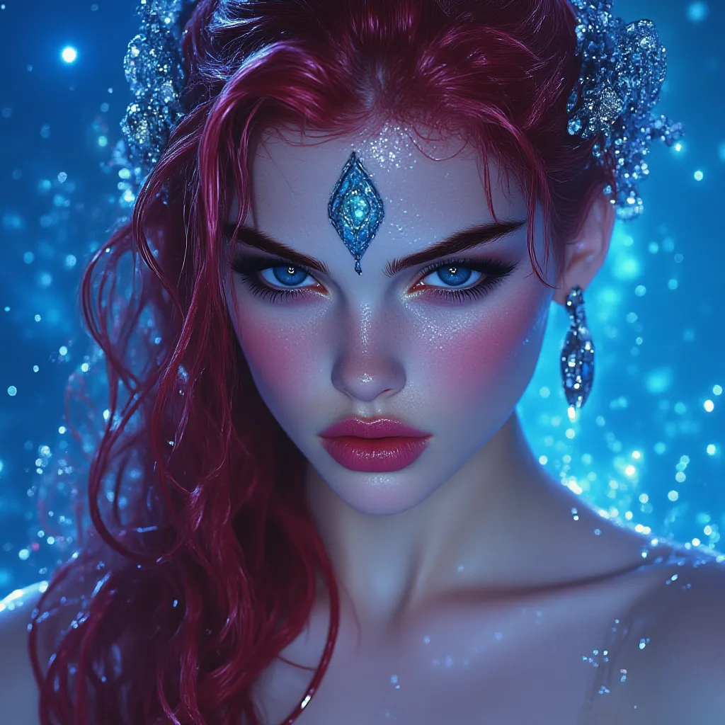 Mujer beautiful de ojos ámbar brillantes cabello pelirrojo largo liso mojado, reddish lip gloss, glowing skin glow effect, beautiful, She is a goddess who comes out of the water wearing a blue diamond dress,It's wet and has a blue background with bright li...