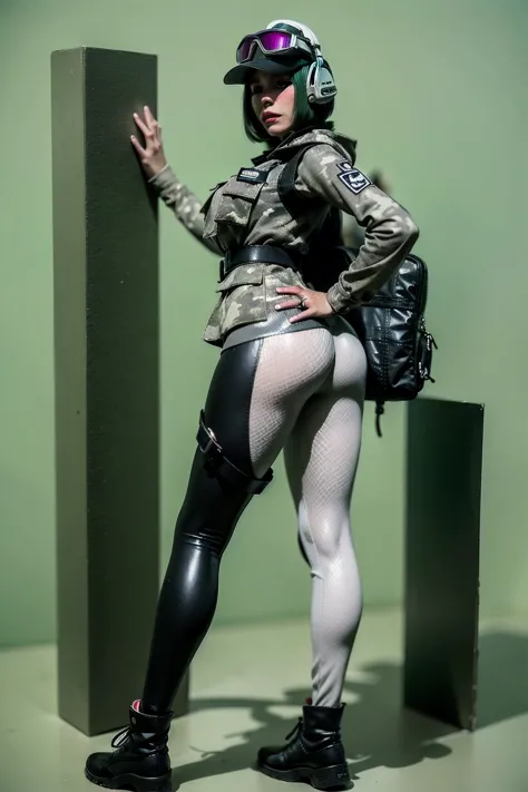  detailed, masterpiece, (1girl),female, beautiful face, mature, alluring face, ela, green hair, Bob cut,breasts, ass, pussy, full body, (camouflage:1.2), (WHITE hat:1.3), military, headset, bag, uniform, holster, goggles, headphones,jacket, hood, military ...