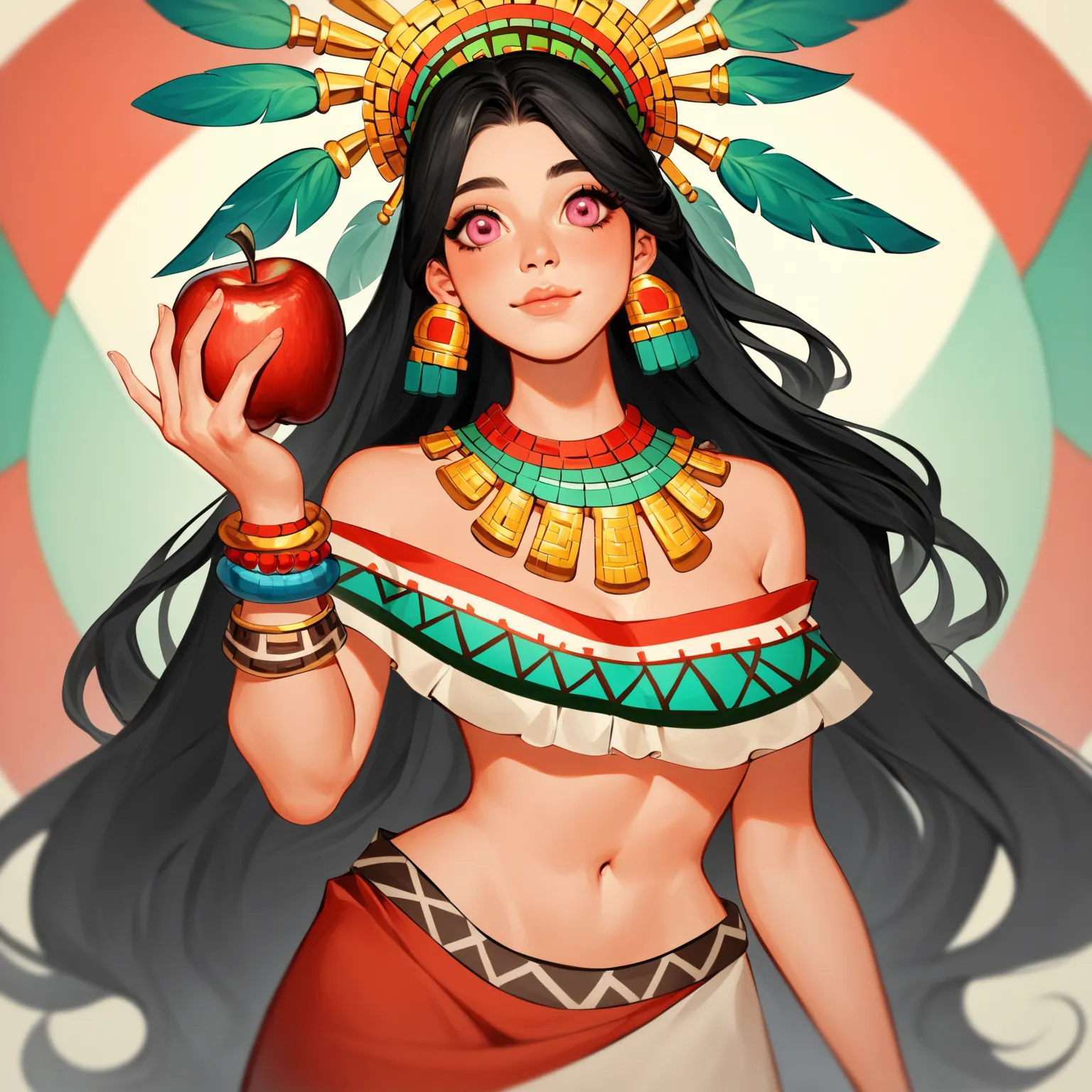 aztec girl, beautiful girl, holding an apple, (aztec ornament), black hair, long hair, pink eyes, beautiful white chest band, skirt, human ears, in full growth, light blush, thoughtful face, (anime style:1.0), white skin, imperious face, (nice face:1.0), В...