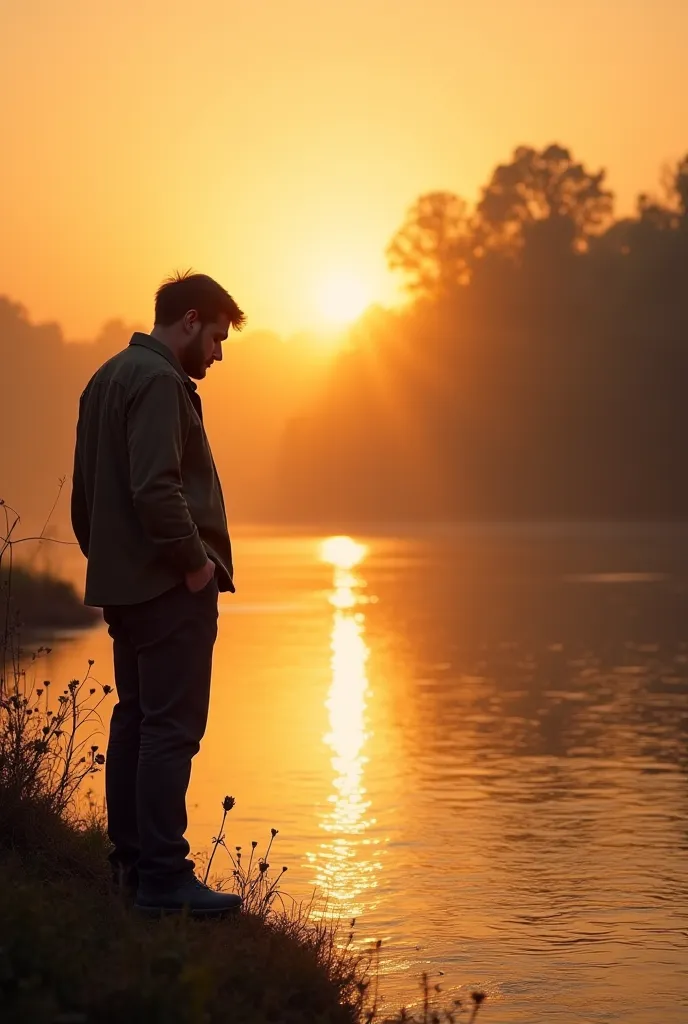 The man reacting with disbelief – The man, with a shocked and amused expression, tells the beggar that waiting for the river to stop is foolish. The beggar remains calm and wise, still looking at the river. The setting sun casts a golden hue over the scene...