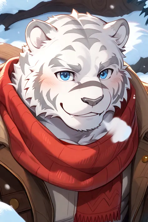 Zero Mercenaries,Mercenaries of the Evil One, Mammals,  white tiger, Grey Nose, Blue Eyes, male,  big body , 大male, close-up, snow, snowが降っている, message, white breath, Exhale,  I have a scarf wrapped around my neck,  long mufflers, red scarf, Hand knitted s...