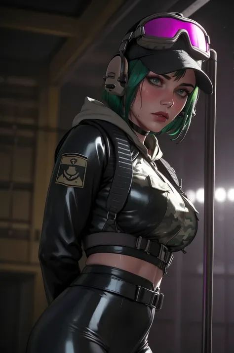 ela_(rainbow_six_siege), masterpiece, best quality, 1girl, solo, goggles, camouflage, backpack, hat, green hair, goggles on head, headset, realistic, short hair, jacket, upper body, headphones, military, looking at viewer, bag, lips, uniform, blurry,1girl,...