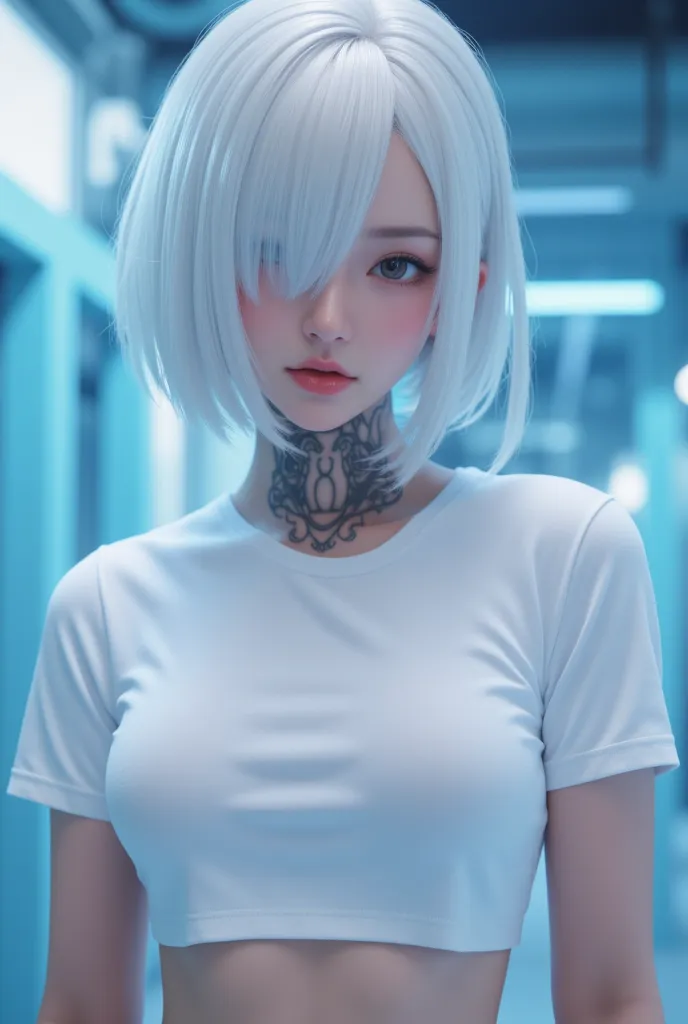 2B (Nier: Automata), close-up, white hair, bangs covering right eye, pale skin, light pink lips, wearing a white cropped t-shirt, blue light reflections, soft lighting, anime style, digital painting, highly detailed, trending on ArtStation, tattoo on her n...