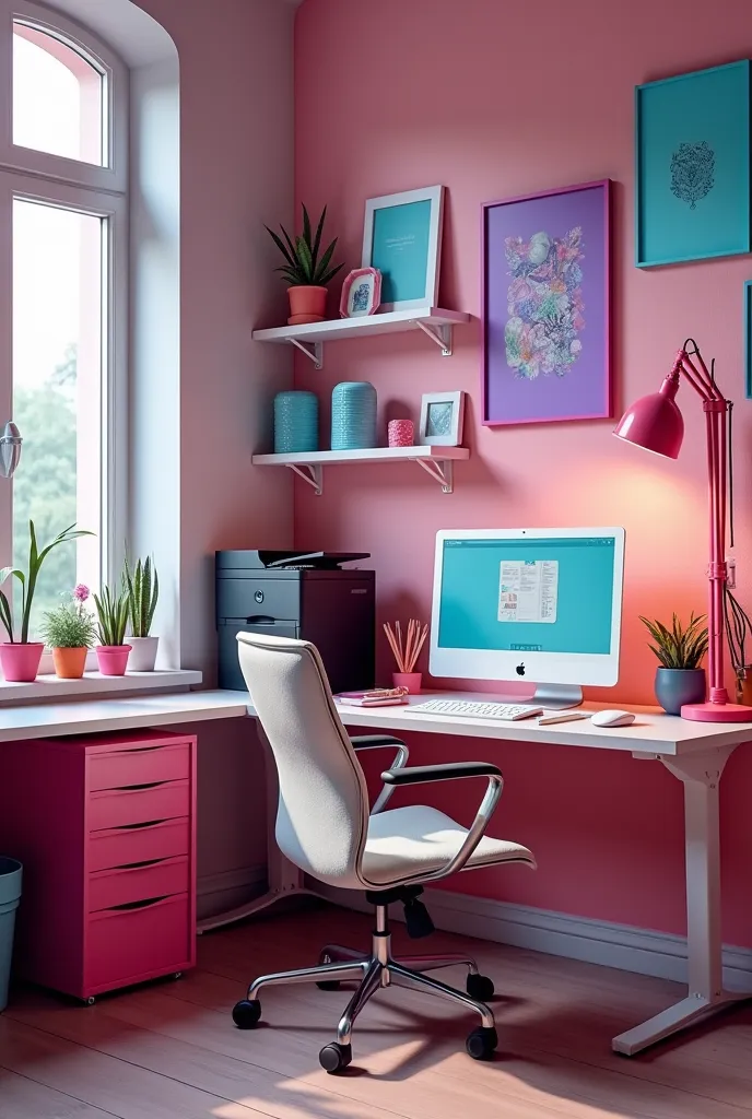 Very creative graphic design studio, with desk, ergonomic chair, in shades of pink , fuchsia, turquoise blue and purple, wooden floor, windows with lots of light, on the desk a modern black printer, a computer and lots of pencils and colors on containers o...