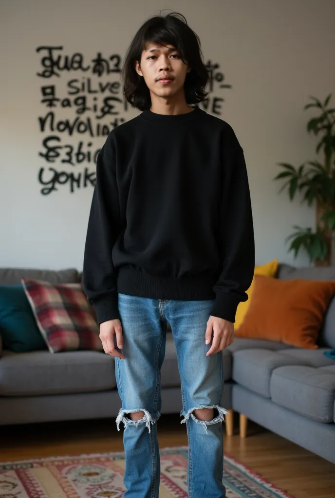 A 17-year-old Korean boy, with a medium build, weighing 57kg, 160cm tall, with long hair parted in the middle, wearing a black sweater, blue jeans with torn knees, wearing white and black medium shoes, posing in the living room, with a HD background of gra...