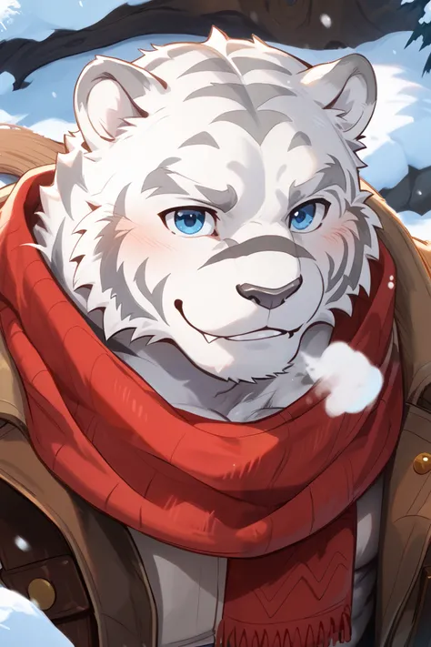 Zero Mercenaries,Mercenaries of the Evil One, Mammals,  white tiger, Grey Nose, Blue Eyes, male,  big body , 大male, close-up, snow, snowが降っている, message, white breath, Exhale,  I have a scarf wrapped around my neck,  long mufflers, red scarf, hand knitted s...