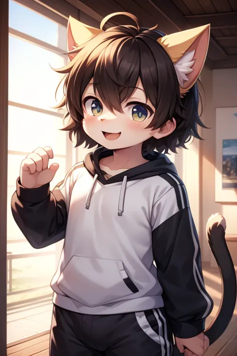 Cute shota boy, thick hair, cat ears, tail, detailed body, regular clothes, high quality, happy 