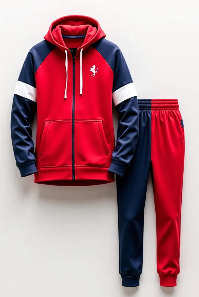 Create a sports outfit in red, white and dark blue. It must include a hoodie with a kangaroo pocket and matching pants. The design must be modern and balanced, combining colors in a stylish way for a sporty and elegant look