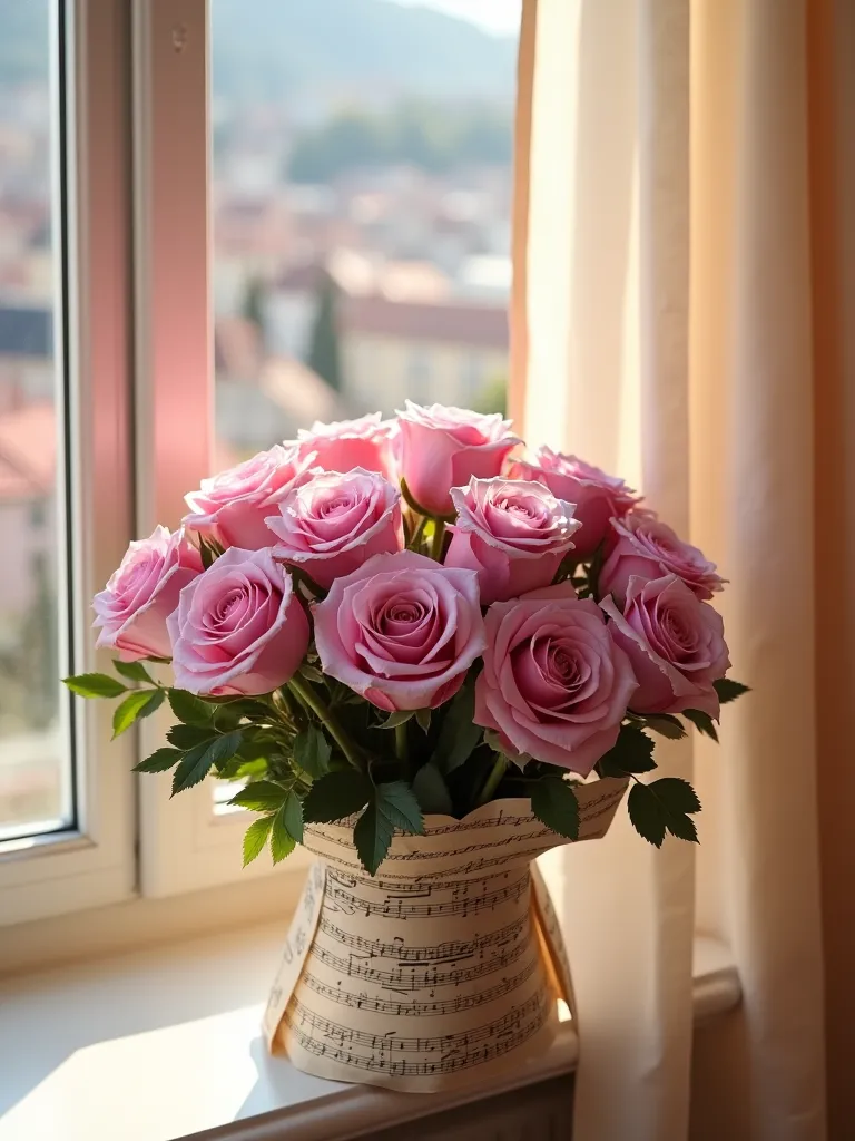 A greeting card. A beautifully arranged big bouquet of fresh rose-violet roses, delicately wrapped in a of sheet music paper with written musical notes, background - window with elegant nude curtains and a beautiful european town behind the window. Sunny w...