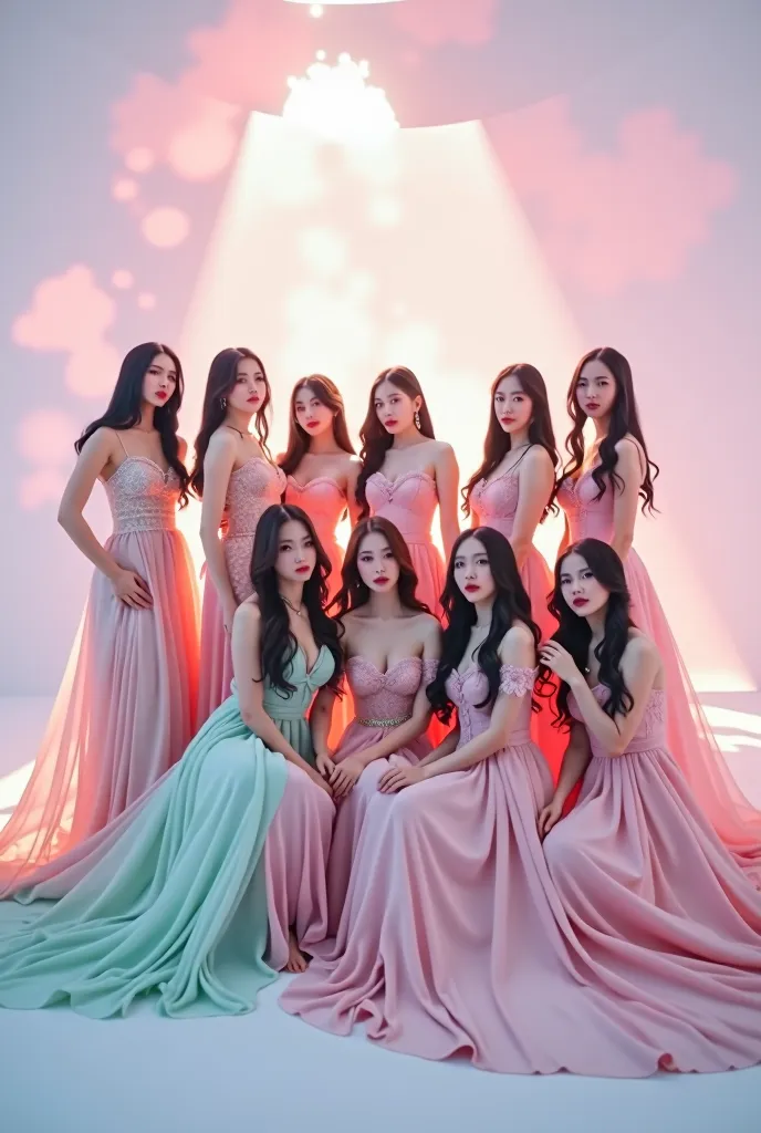 Concept pink blue dreamy. Kpop idol group photoshoot teaser. 9 person. The group name is DreamFiner. Elegant gown. Half sit and  half stand up