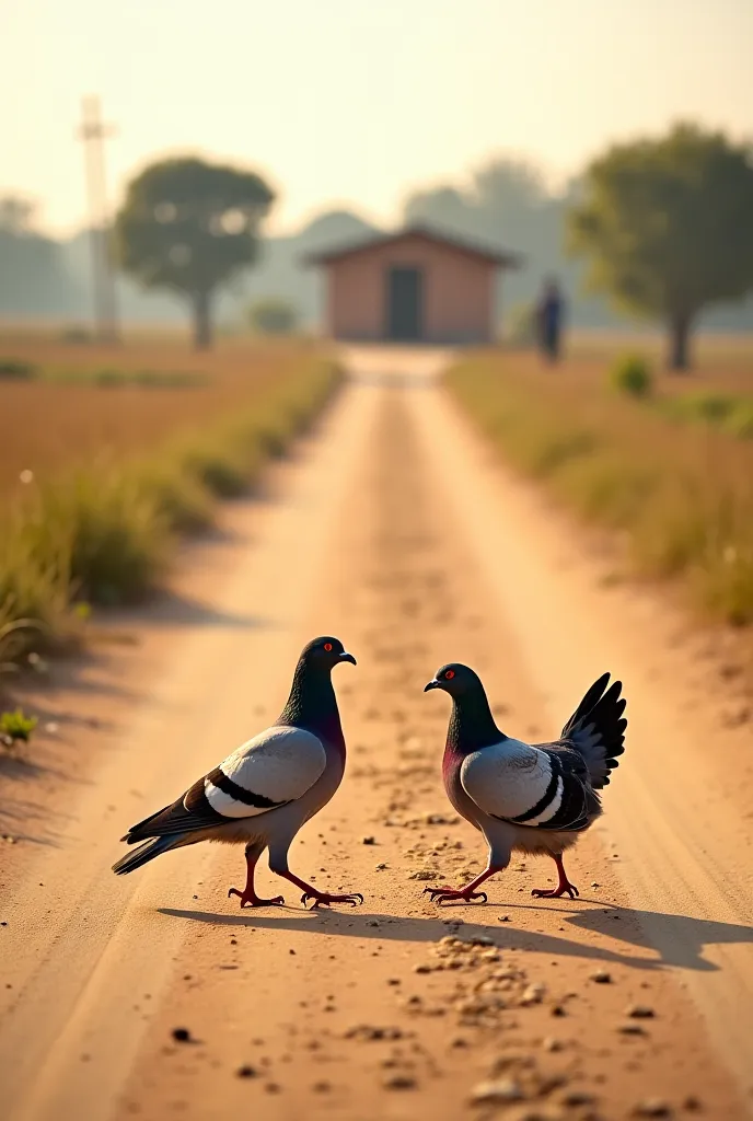 A rural dirt road stretches ahead, with a pigeon and a hen walking side by side. The hen is pecking at the ground, while the pigeon flaps its wings lightly. The background features an open field with scattered trees and a simple village house in the distan...