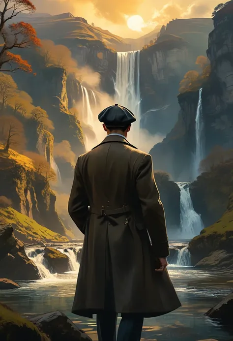 A man dressed in an elegant suit from the 1920s,  with a long coat , vest and a flat cap in the Peaky Blinders style, stands on his back contemplating a majestic landscape. The landscape can include high mountains,  impressive waterfalls , ancient temples ...