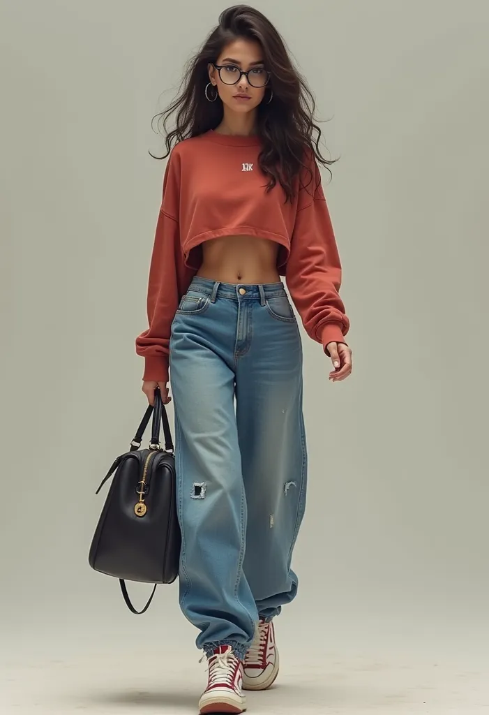 Sexy 19yo girl, adult,large elephant jeans pant, jordans sneakers shoes, croptop, ultra-slick hair, square-glasses, algerian girl, short girl,detached hair ,long hair, not confident,kind, walk with a handbag