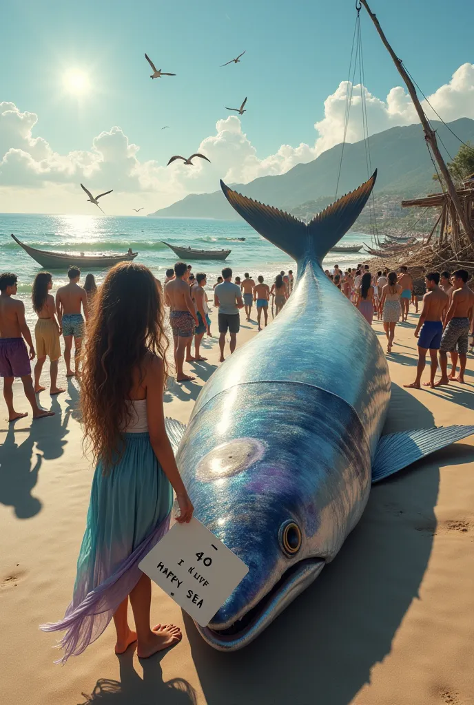 Beautiful girl with wavy long hair, bohemian dress, holding a white board with text "I Love Seaart Infinity" an**AI Image Prompt:**  

"A colossal 40-foot fish with iridescent blue and purple scales lies on the shore, its massive body stretching across the...