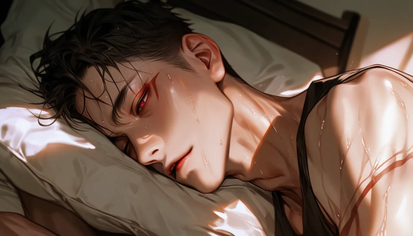 A boy，Bed background，Sleeping position，Korean comic style，hair， red eyes， gentle eyes ，Young and energetic， is in good shape ， strong ， is handsome， smooth skin ， is handsome脸瓜子脸，Tattoo，wet hairstyle ，got sick ，Sweating sweaty ，pant，charming eyes， is hands...